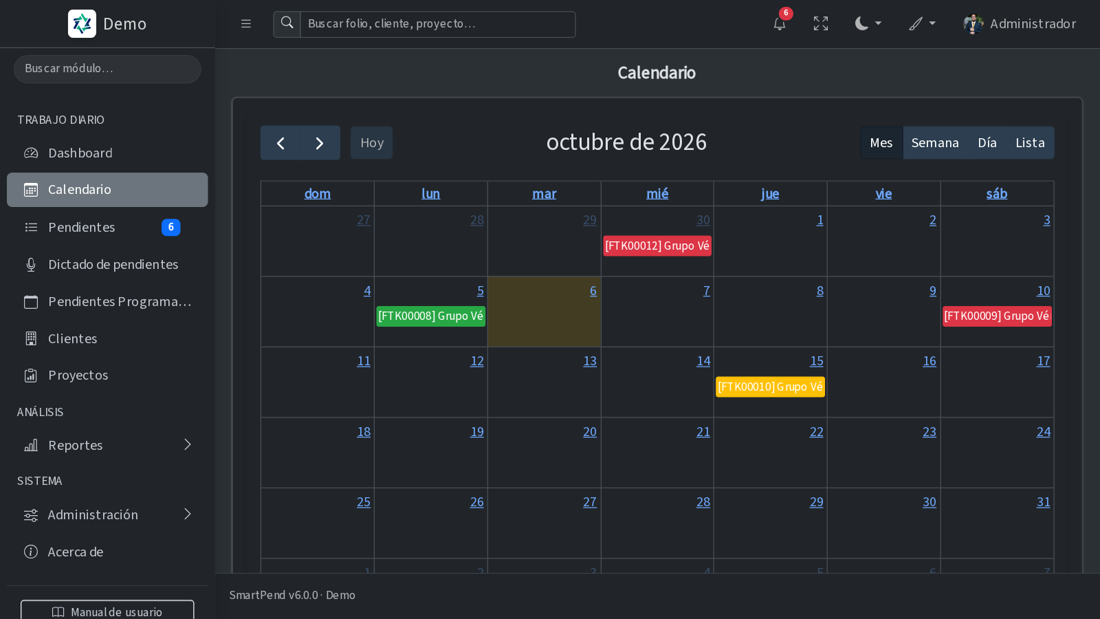 Calendario de SmartPend con pendientes coloreados por estado