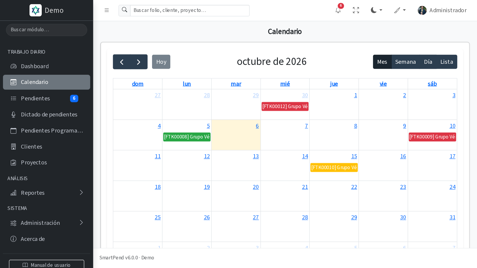 Calendario de SmartPend con pendientes coloreados por estado