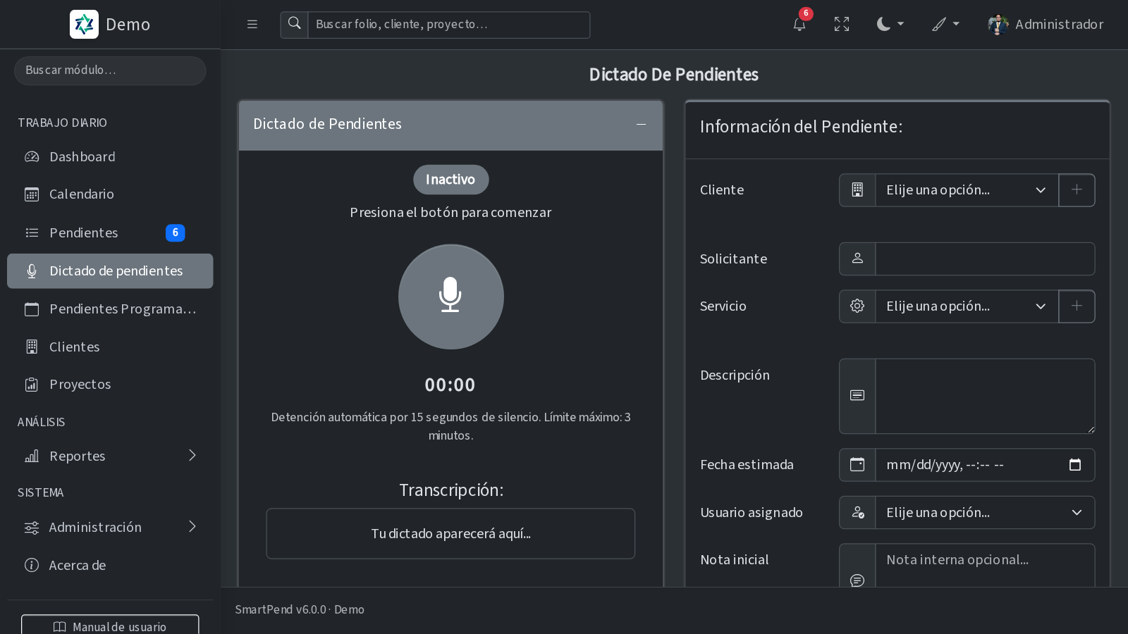 Dictado por voz de SmartPend transcribiendo un pendiente