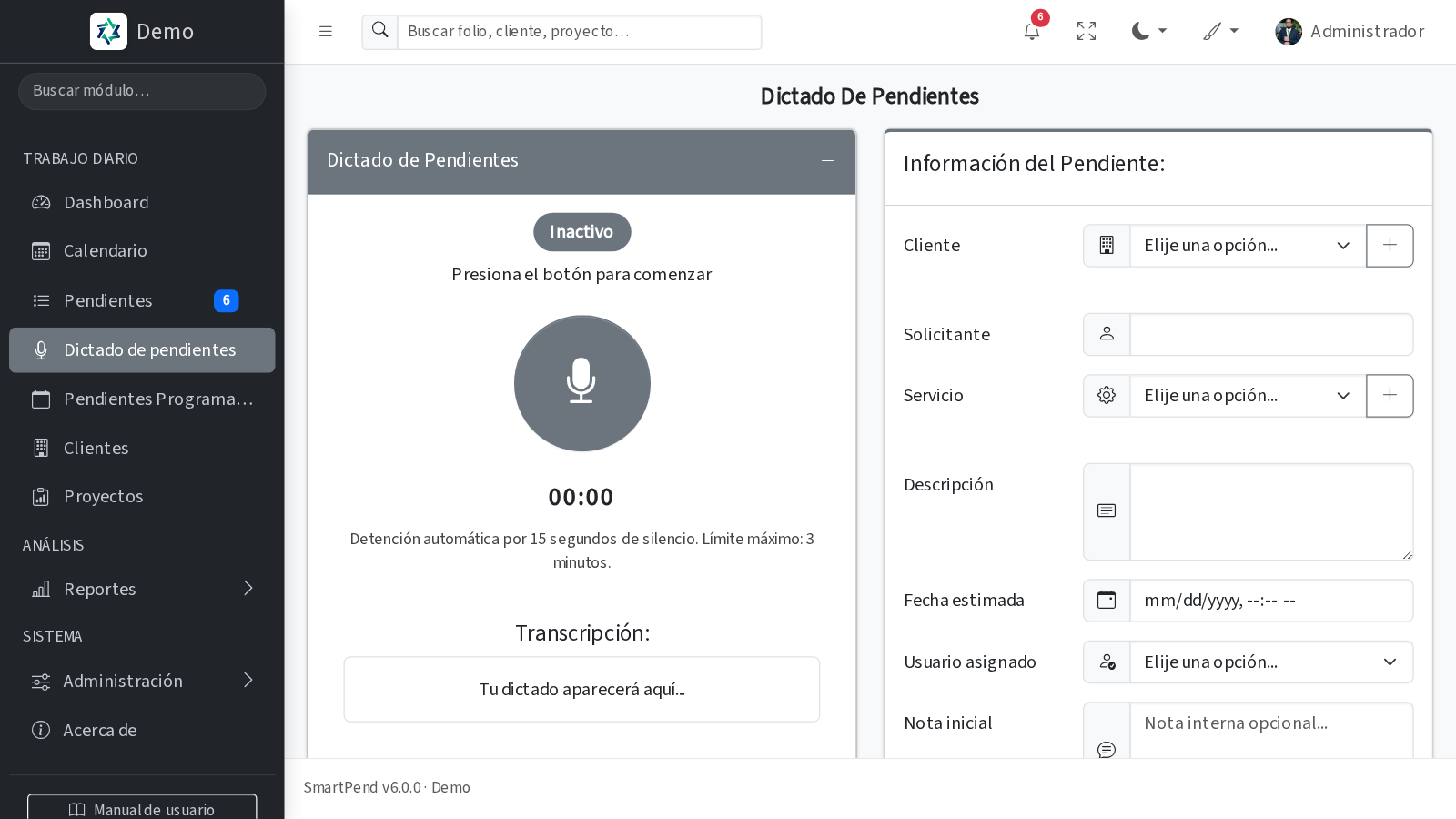 Dictado por voz de SmartPend transcribiendo un pendiente