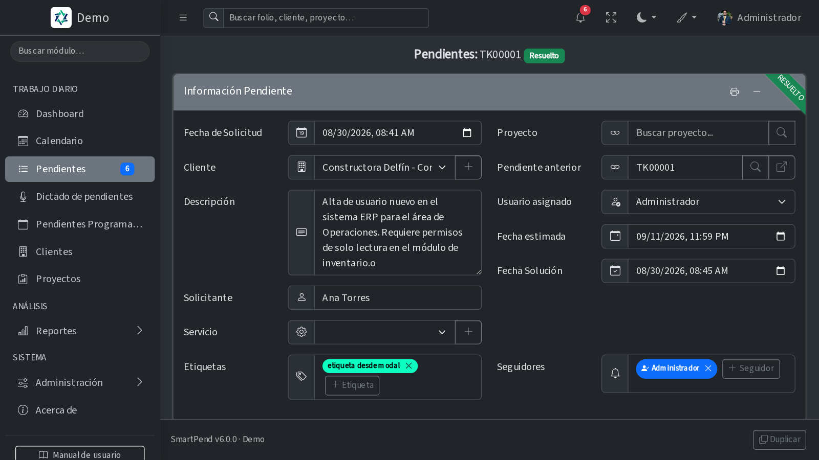 Pendiente de SmartPend con etiquetas de color y seguidores asignados