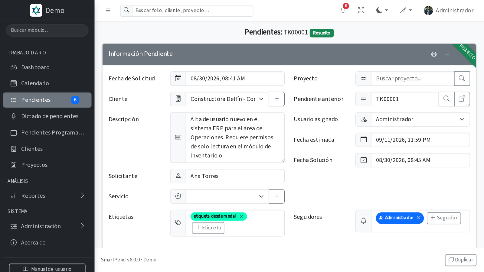 Pendiente de SmartPend con etiquetas de color y seguidores asignados
