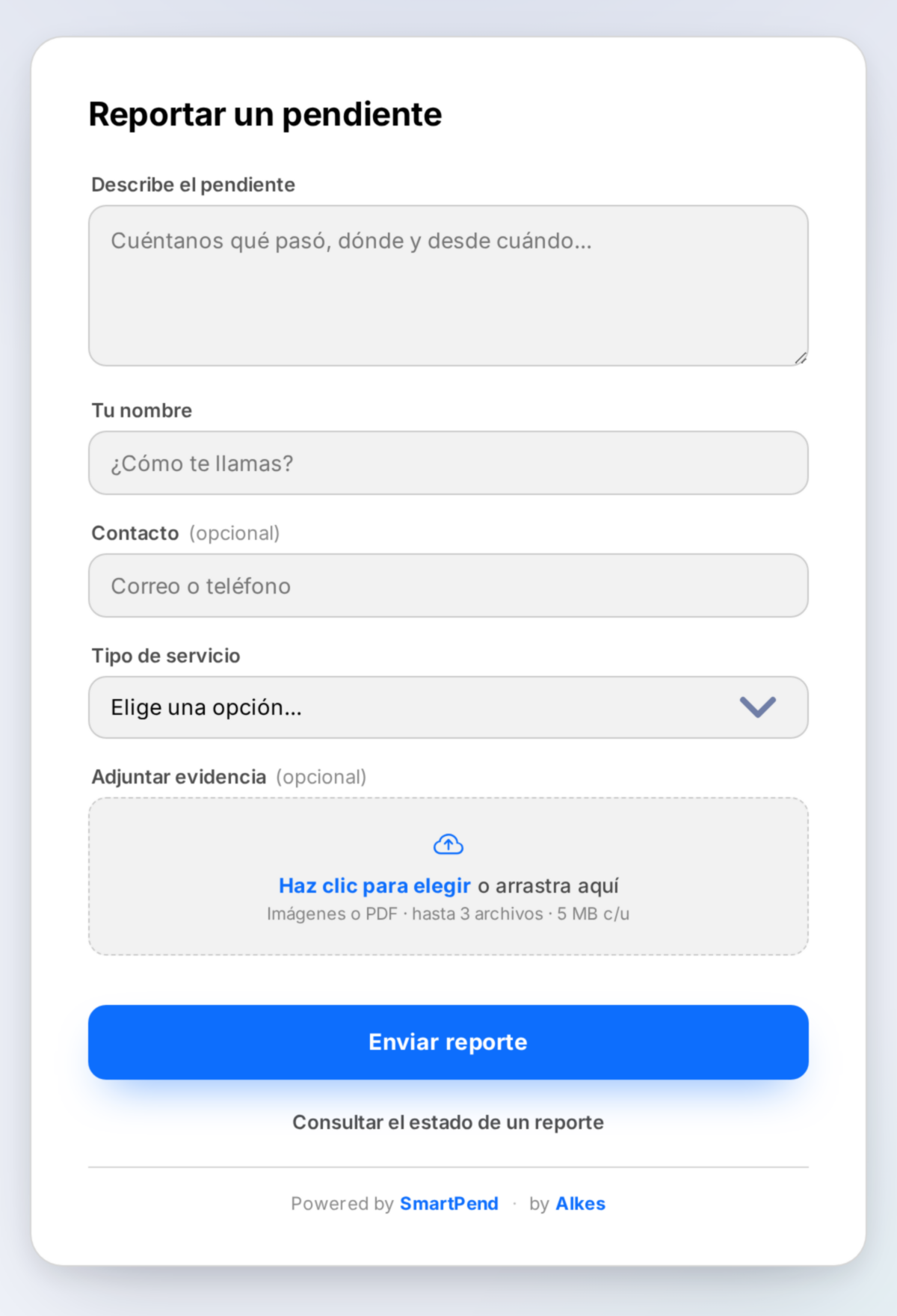Formulario público de SmartPend embebido en un sitio web